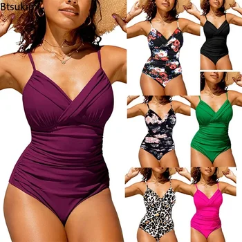 New 2025 Women's Summer Bikini Sets Sexy Deep V Neck Low-cut Backless Sleeveless Pleated Bathing Spaghetti Strap Women Swimwear