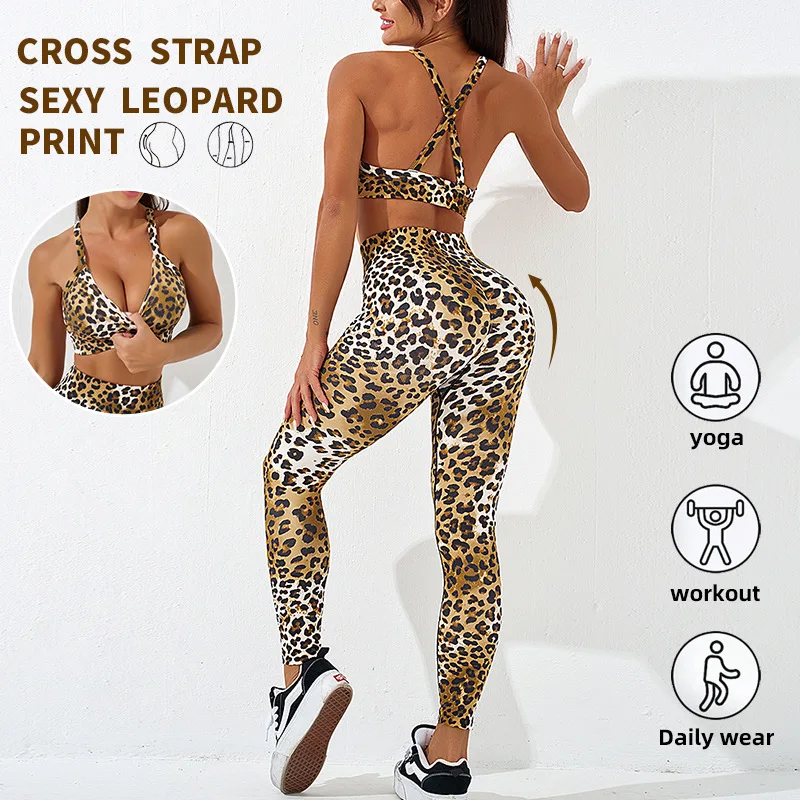 

Women's Yoga Set with Leopard Print Sports Bra and Leggings for Fitness and Workout
