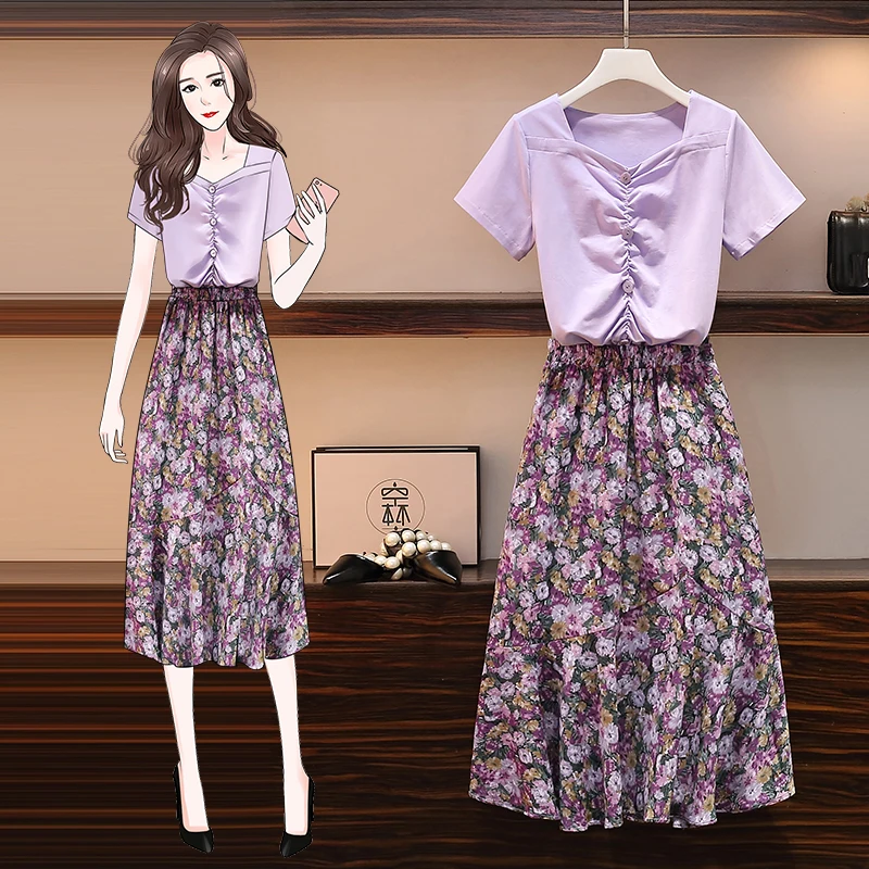 

Women Summer Vacation Set Of Two Piece Pleated T ShirtTop And Midi Print Ruffle Chiffon Skirt Plus Size Casual Matching Outfits