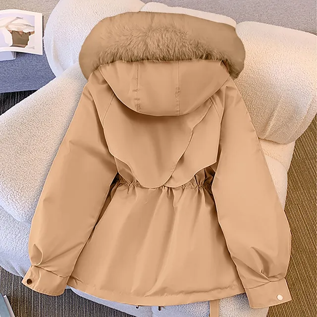 Women Winter Fleece Lined Zip Hooded Jackets Winter Elegant Drawstring Slim Outwears Coat With Faux Fur Collar Plus Size Parkas 2