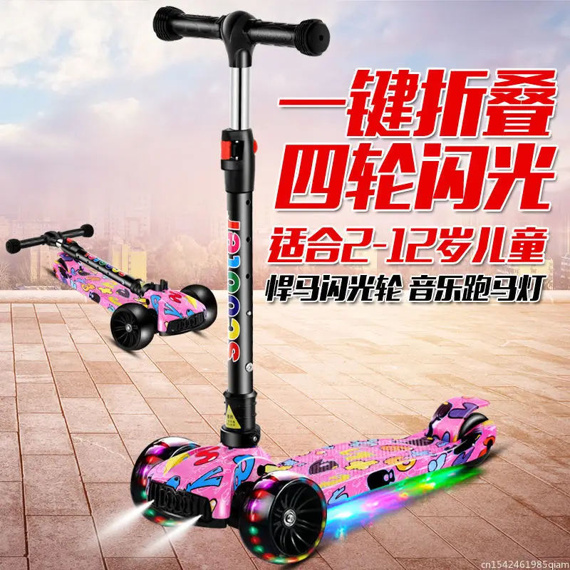 Children Scooter 3 Wheel Scooter with Light Up Flash Wheels Music For 2-8 Year Kids Adjustable Height Foldable