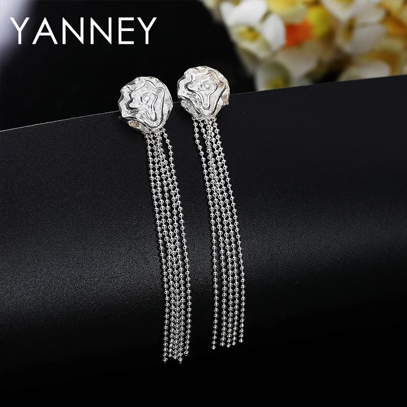 

Real 925 Sterling Silver 75MM Pretty Roses Long Tassel Earrings For Women Fashion Charm Jewelry Wife Earrings Gift