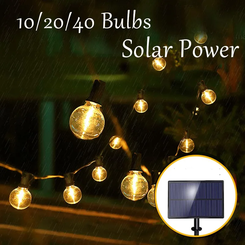 

Рождественские водонепроницаемые гирлянды G40 на солнечной батарее, уличные садовые украшения для Рамадана, праздничные фонари, 12/21 м