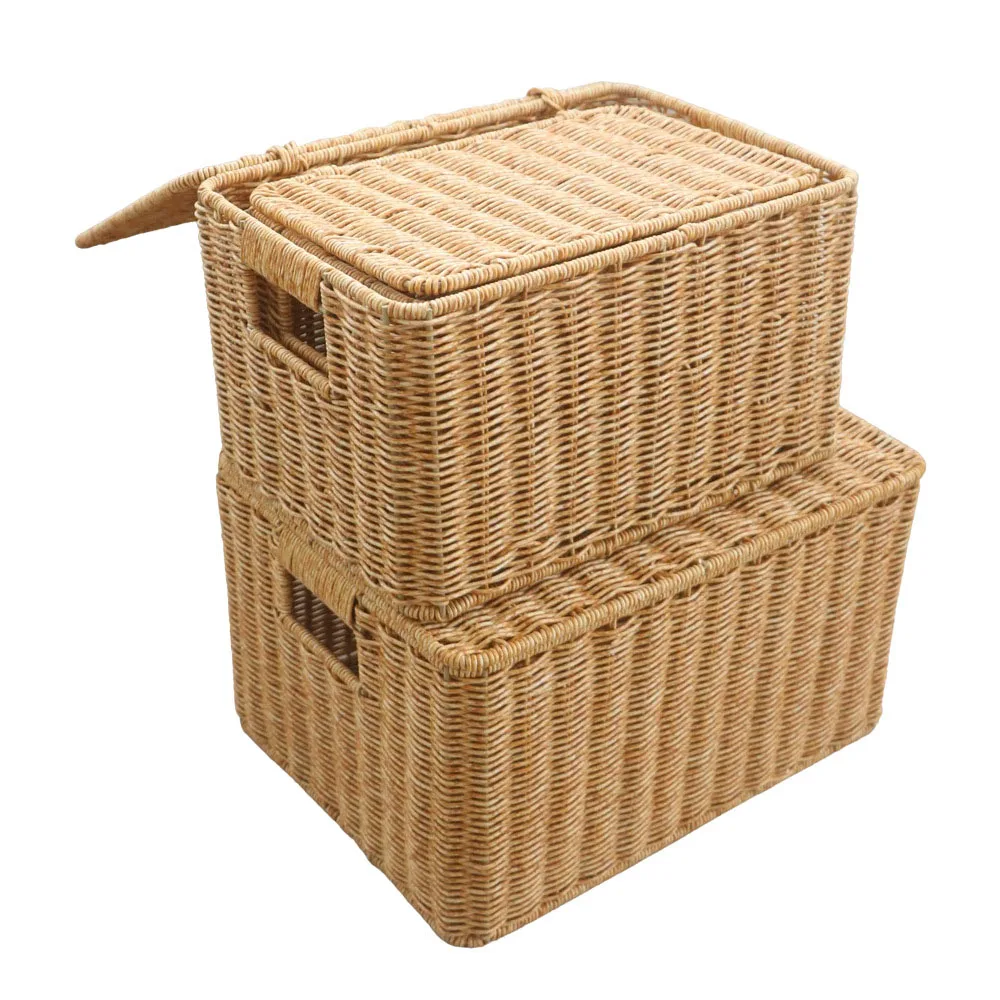 Hand-woven Storage Basket Rattan Storage Tray PP Rattan Basket Bread Fruit Food Breakfast Light Brown With Cover Storage Basket 2