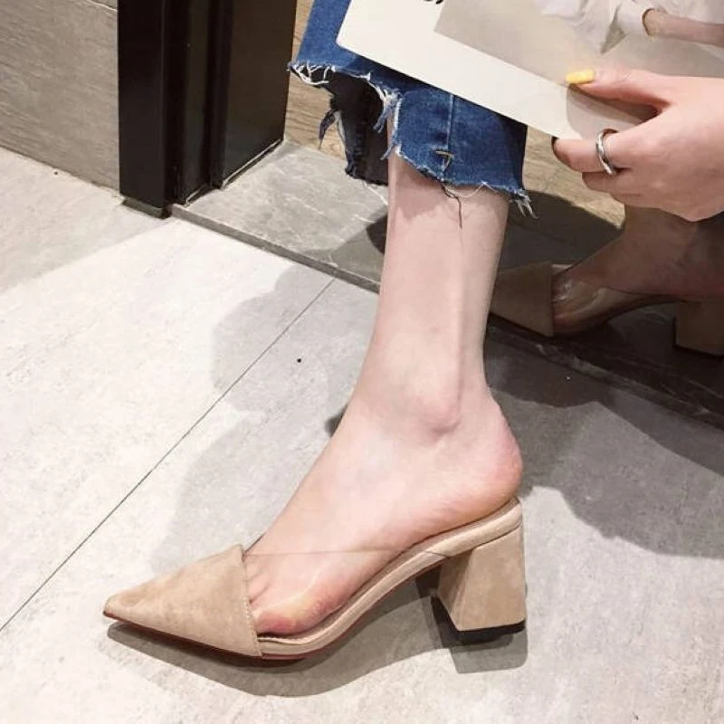 Summer Women's Pointy High Heels Half Support Transparent Fashion Thick Heel Sandals Root Women's Shoes