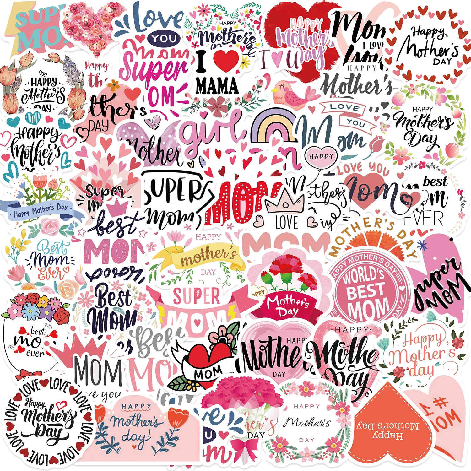 

50PCS LOVE Mom Day Stickers Vinyl For Mother Gift Decoration DIY Phone Car Laptop Fridge Box Cute Cartoon Pink Decal Sticker