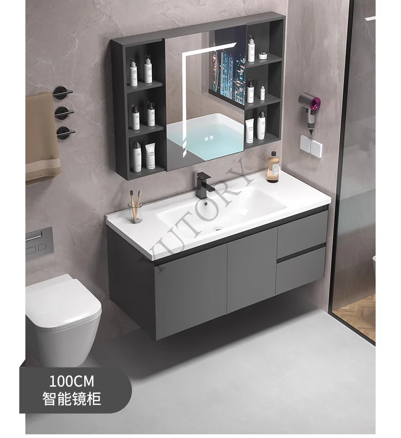 Thickened ceramic integrated face wash basin cabinet combination space aluminum bathroom cabinet rock slab, face wash sink
