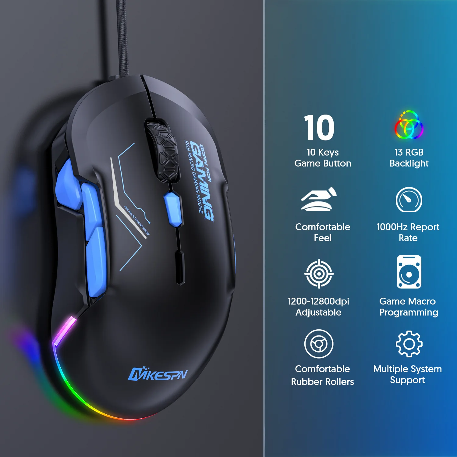 as Mãos, 10 Teclas Programáveis, Luz RGB, Max a 6 Níveis DPI, 12800DPI