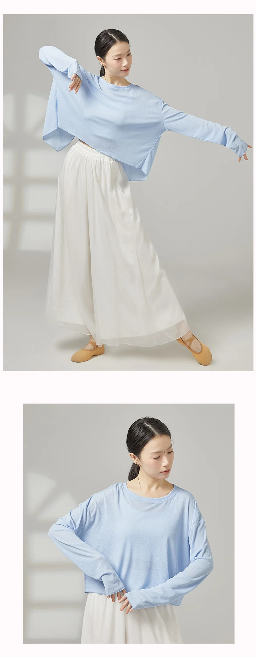 Damen Modern Dance Shirt, locker sitzend, durchsichtig, langärmlig, mit Rückenschlitz, für Ballett- und Tanzpraxis, Yoga-Shirts, Kostüm – Detail 6
