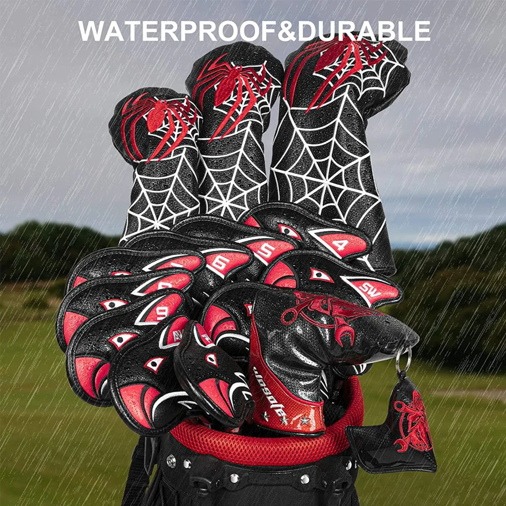 11pcs Golf Iron Head Covers Thicken Eagle PU Leather Soft Black Embroideried Protector Waterproof Durable Fit Most Clubs Wedge