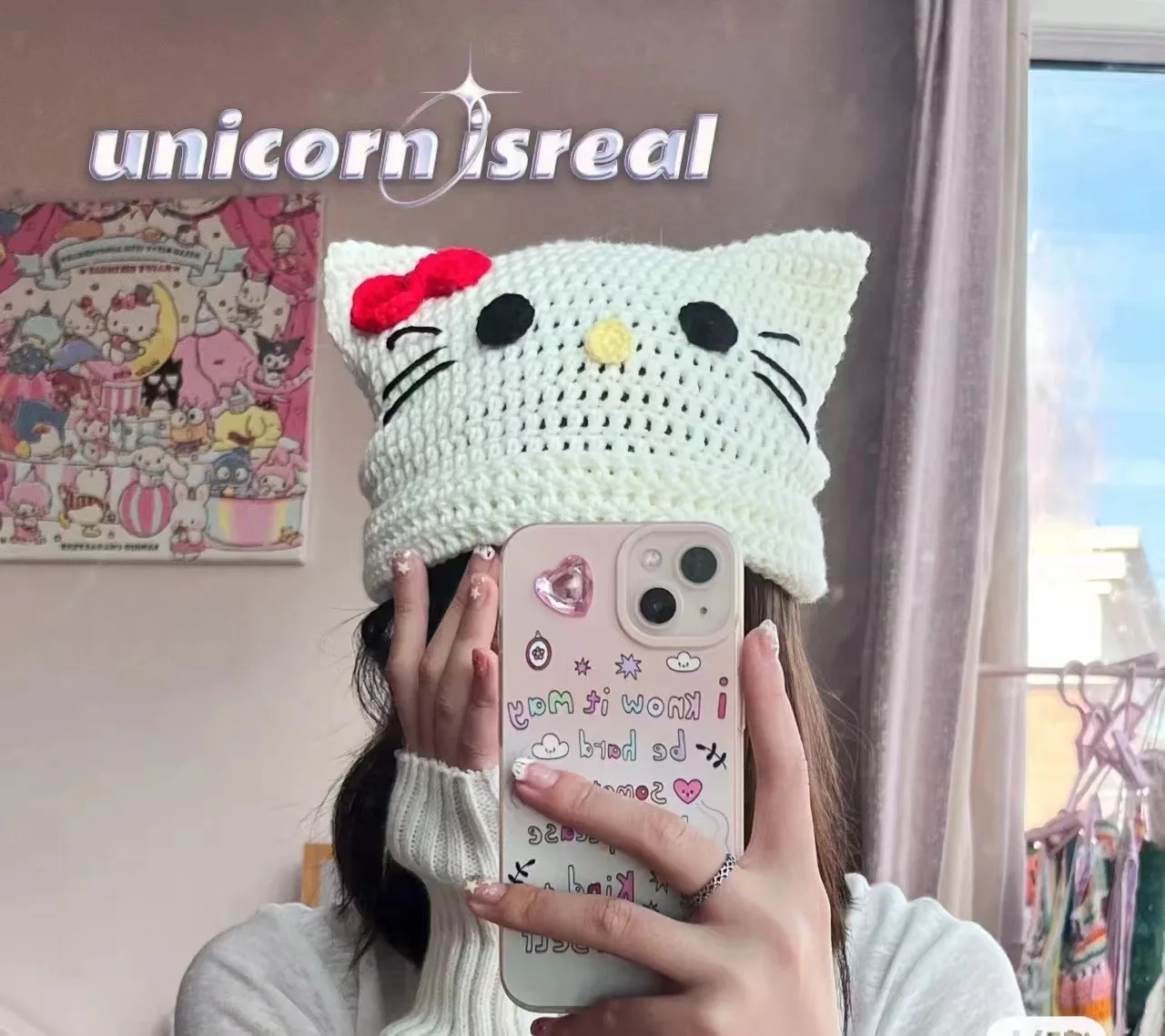 

Вязаная шапка Hello Kitty Sanrio с японскими кошачьими ушками, милая Женская осенне-зимняя вязаная теплая шапка ручной работы с защитой ушей