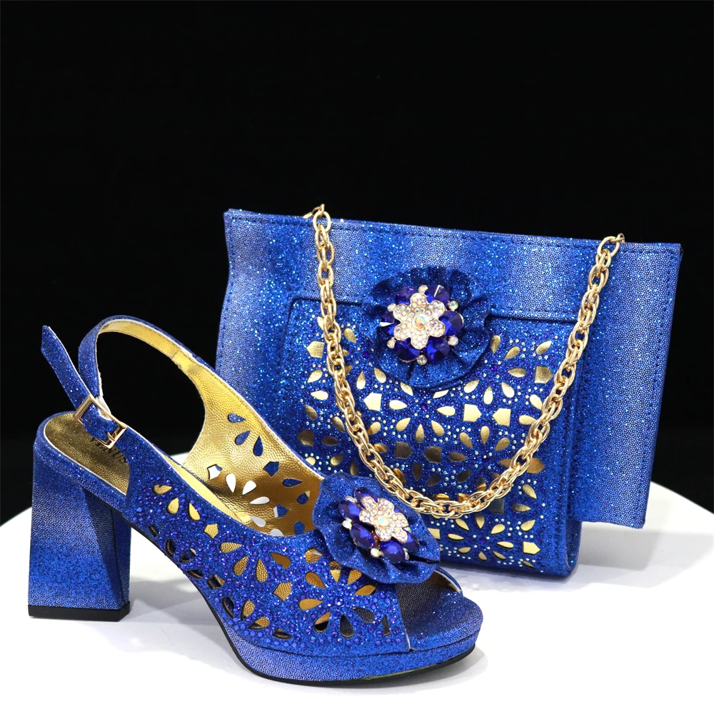 

Latest Blue Shoes and Bags Set 2023 Spring New Design Mature Style Italian Women Sandals with Shinning Crystal for Party