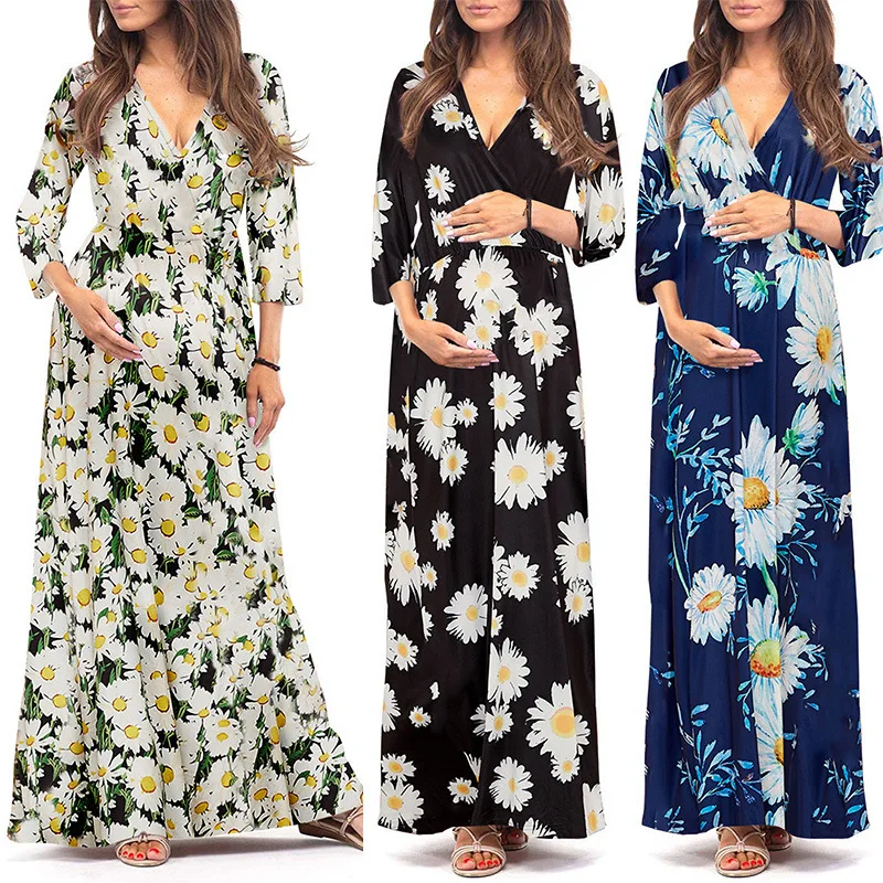 

2023 Women's Pregnancy Flower Elegant V-neck Short Sleeve Dress Maternity Maternity Dresses for Photo Shoot Pregnant Clothes