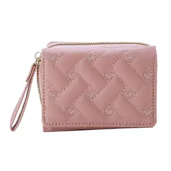 Elegant Embroidered PU Leather Tri - Fold Wallet with Multiple Card Slots and Coin Pocket (Pink )