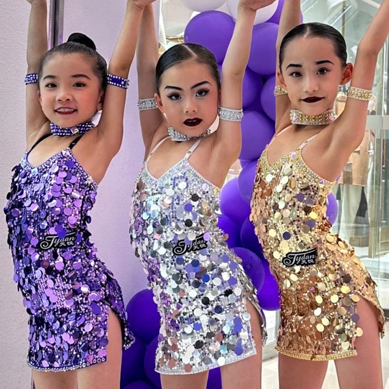 

Children Latin Dance Dress Girls Competition Dress Purple Gold Silver Sequin Dress Cha Cha Rumba Samba Performance Wear DNV19023