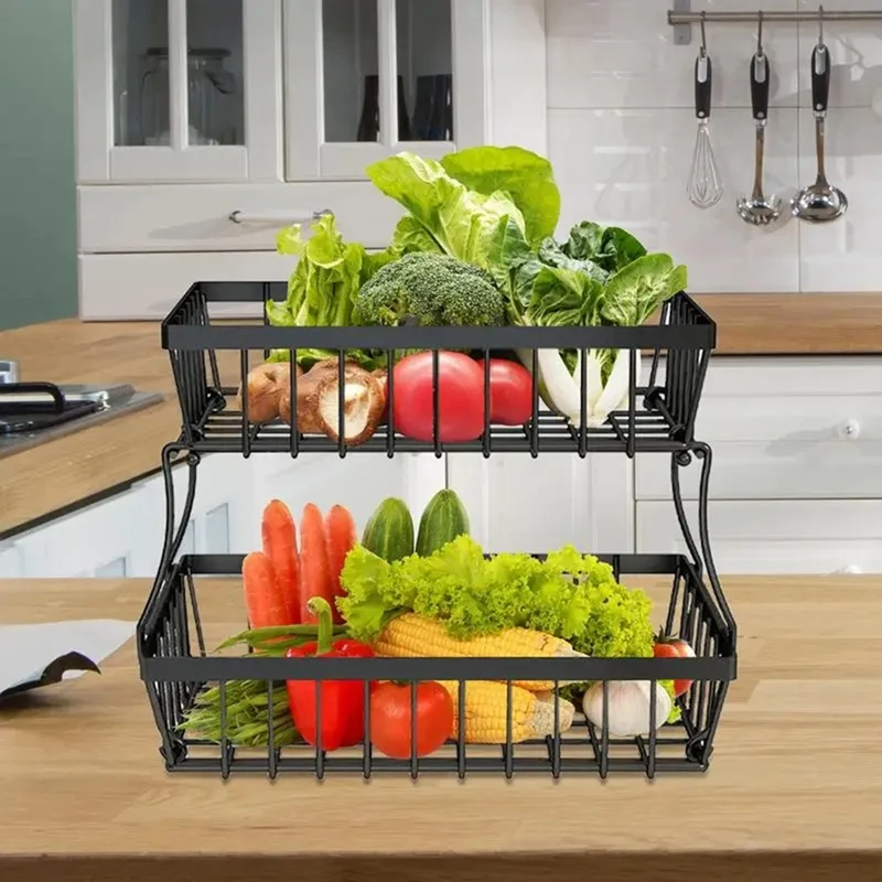 ABRW-2 Tiers Fruit Basket Metal Fruit Bowl Bread Baskets Countertop Vegetable Storage Stand For Kitchen Accessories