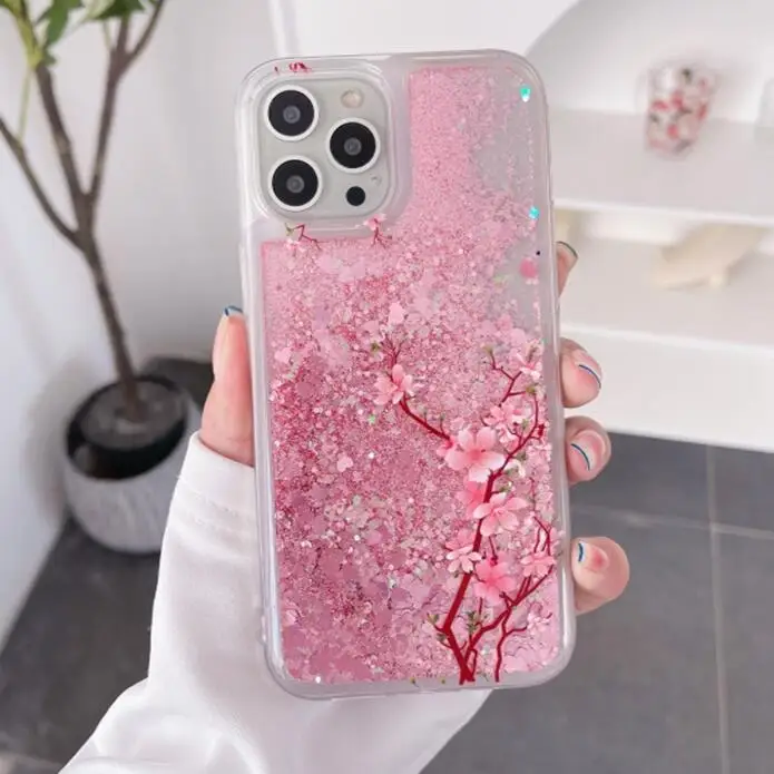 Pink Flower Butterfly Clear Liquid Glitter Quicksand Bling Case