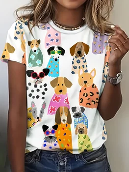 Lady Cute T-shirts Crew Neck Short Sleeve Cartoon Dog Print T Shirt Women's Outfits Casual Daily Wear 1