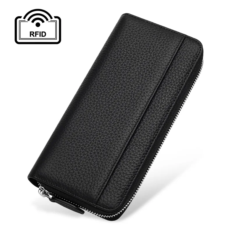 Genuine Leather Women's Long Zipper Wallet with Litchi Pattern Cowhide Leather Clutch Purse