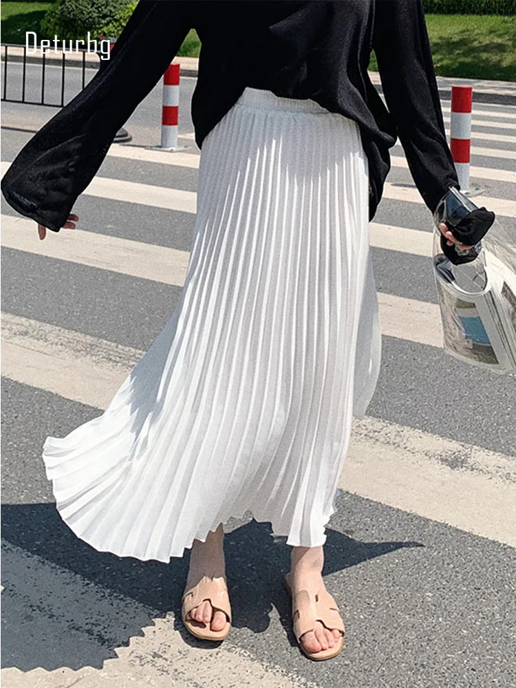 Women's Stretch Pleated Midi Long Skirt Female Korean Fashion Casual High  Waist Skirts Jupe Faldas 10 Colors 2023 Spring SK295