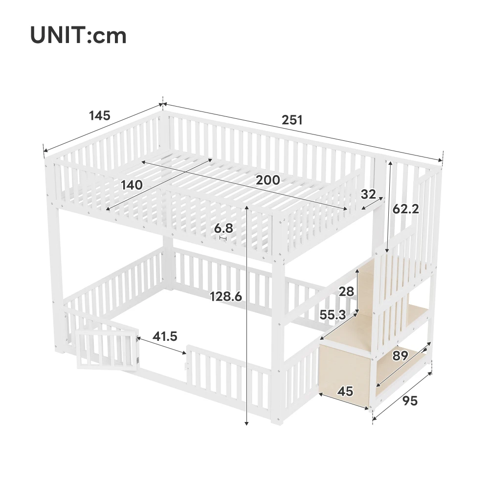 90x200cm & 140x200cm Etagenbett mit Stauraum und sicherer Position, Kinderbett mit integrierter LED-Beleuchtung, Sicherheitstreppe – Detail 19