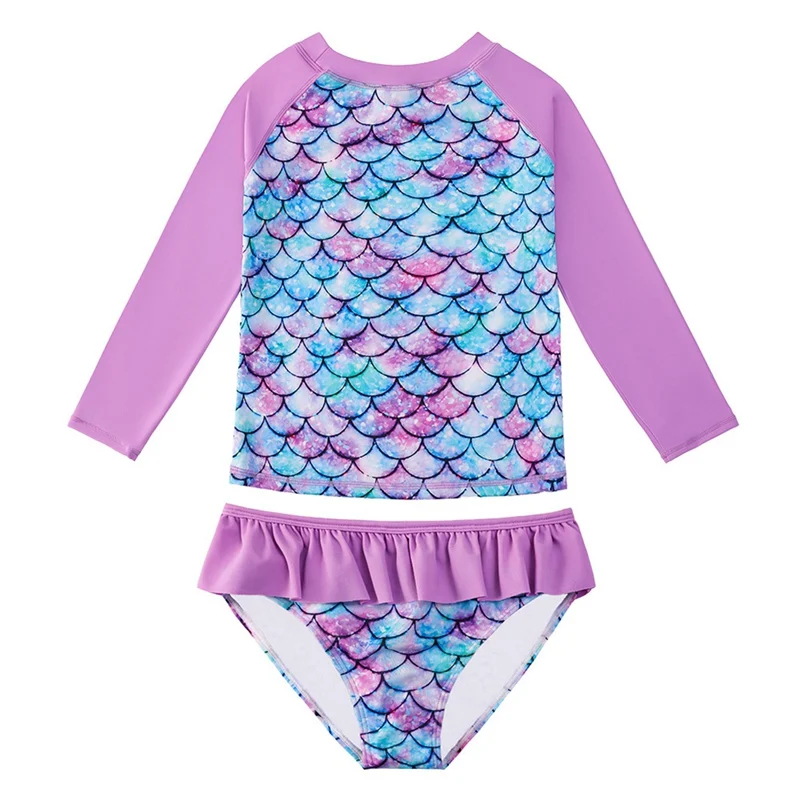 Children Swimsuit Girls' Two-Piece Split Swimsuit Sweet Long Sleeve Cartoon Fish Scale Print Pullover With Ruffle Briefs Beach Wear