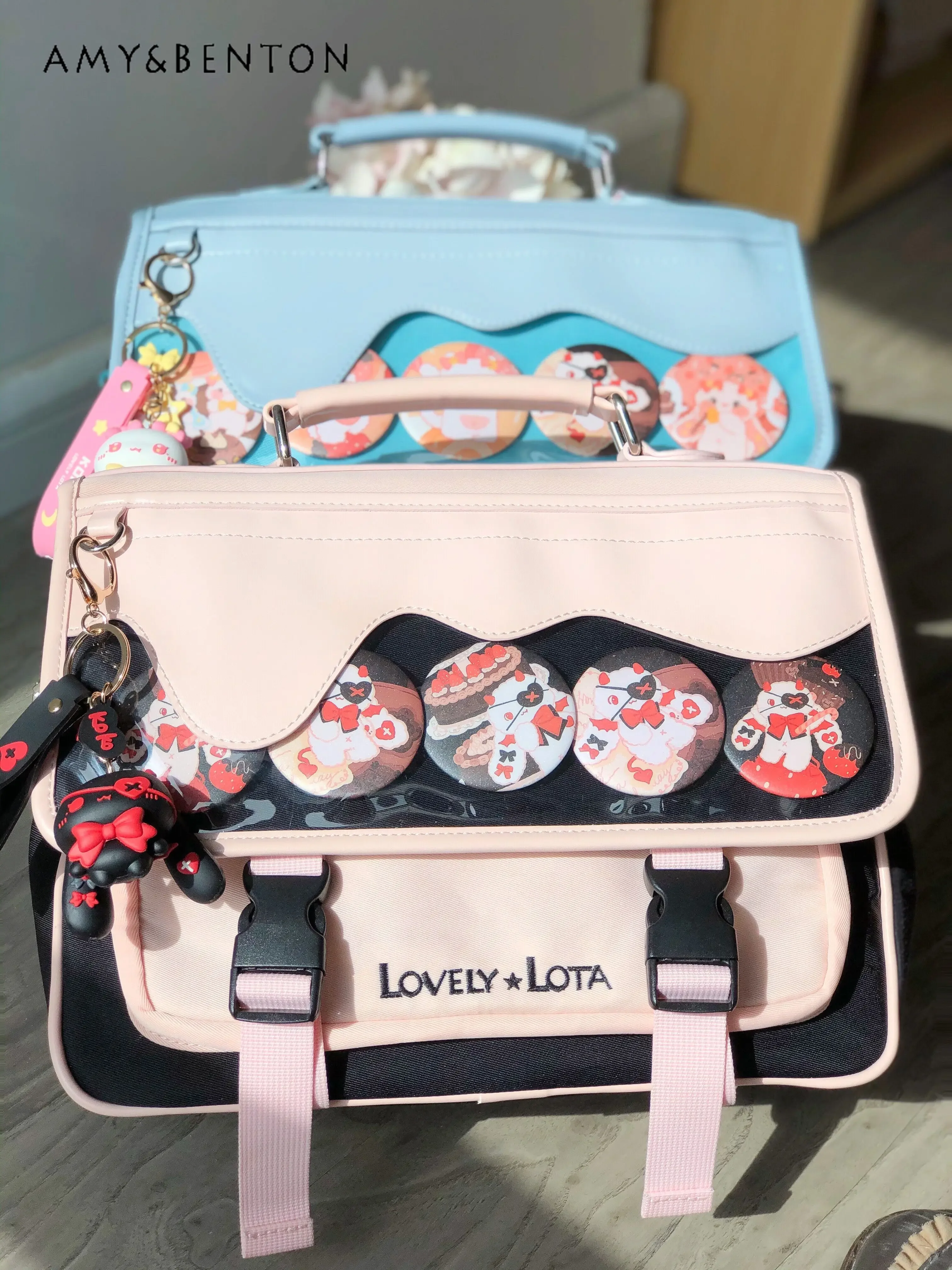 Japanese Style Sweet Girl Transparent Large Capacity Backpack Preppy Style Cute Splicing Color Leather Messenger Bag Students 3