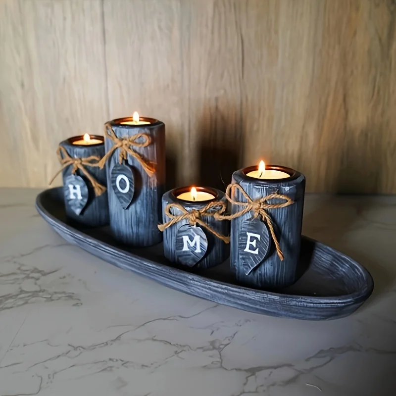 Retro Style Table Decor Candle Holder - Boho Wooden Tray with 4 Tealight Candles Holders for Tables Centerpiece Ho