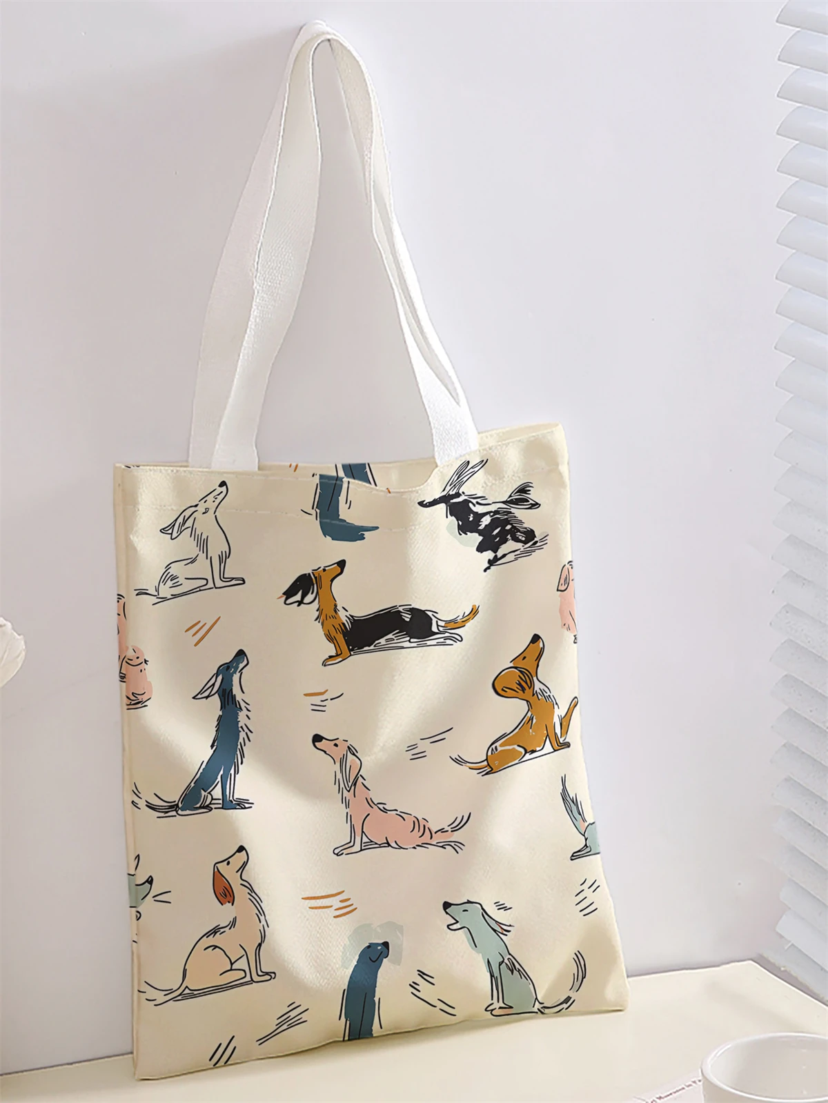 Cartoon dog pattern printed casual handbag, reusable fashionable backpack, multifunctional handbag, canvas shopping bag