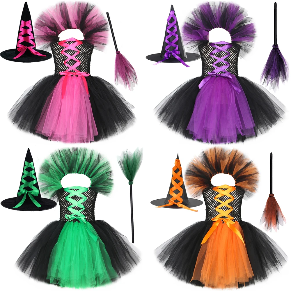 

Witch Halloween Costumes for Girls Kids Carnival Party Fancy Dress with Hat Magic Broom Children Witches Cosplay Tutu Outfits