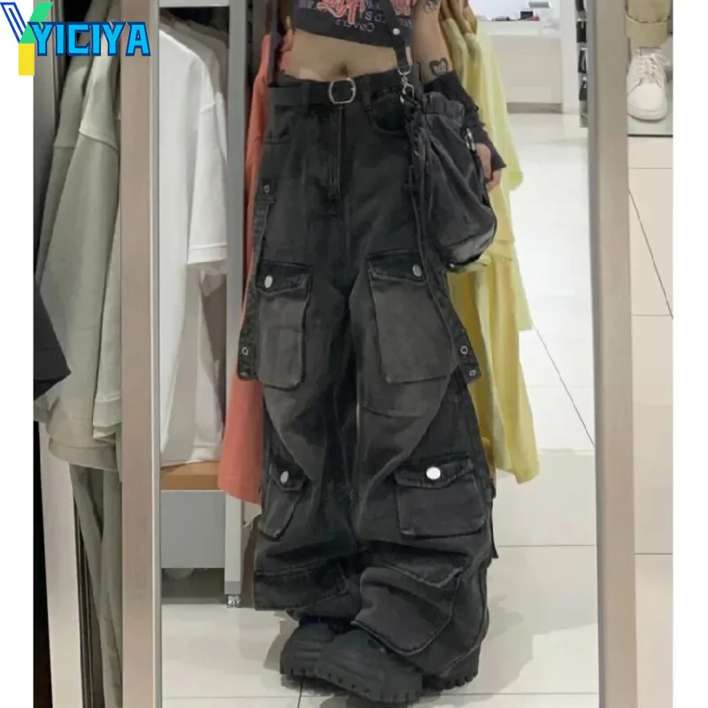 YICIYA Cargo Jeans Y2k Pants Women Street Oversize Loose Multiple Pockets Female Pant 2024 Winter Vintage Hip Hop Denim Trousers