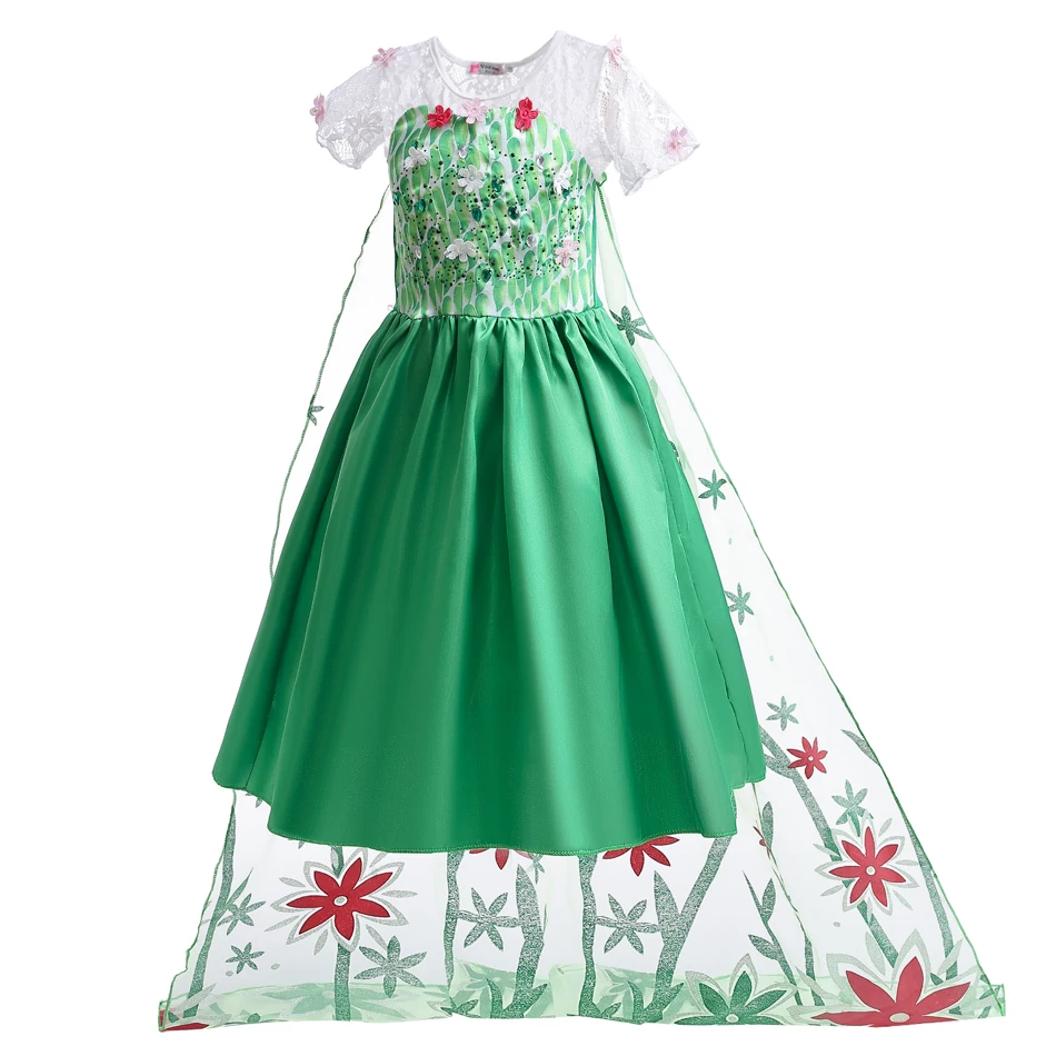 Elsa Green Dress for Kids Girl Princess Costume Dresses Children Long Cloak Floral Lace Ball Gown Summer