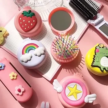 Pettine pieghevole per ragazze simpatico cartone animato con specchio Pettine pieghevole portatile piccolo compatto Kawaii Pettine per capelli con cuscino d'aria per bambini 1