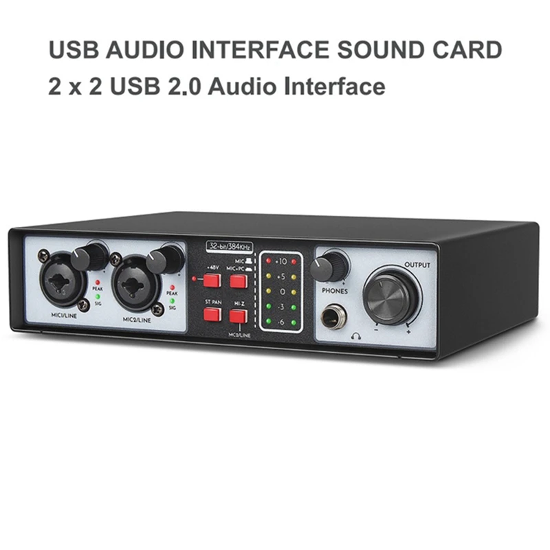 2 in 2 Out USB 오디오 인터페이스 스튜디오 키트, 레코드 전문 사운드 카드, 팬텀 내구성, 32 비트, 384kHz, 48V