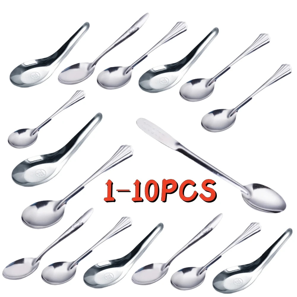 1~10PCS Stainless Steel Spoon Tableware Soup Rice Tableware Flat SpoonFlat Spoon Chinese Deepened Large Capacity Mirror