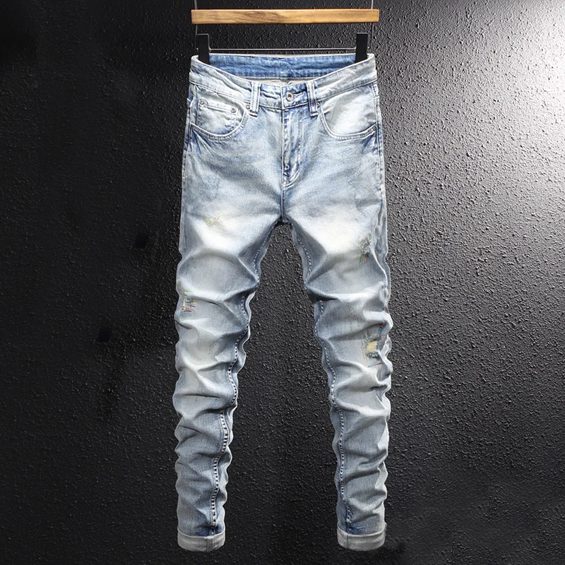 Fashion Designer Men Jeans Retro Light Blue Elastic Slim Ripped Jeans Men Embroidery Vintage Casual Stretch Denim Pants Hombre