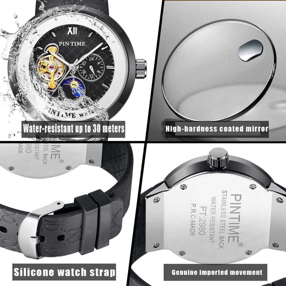 Men's Black Classic Star Moon Mechanical Watch with High-Quality Tourbillon Movement