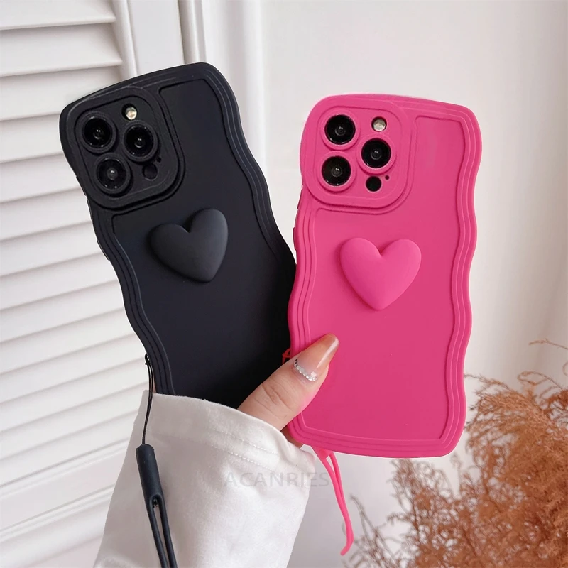 Love Heart Wavy Wrist Strap Silicone Lanyard Phone Case Cover