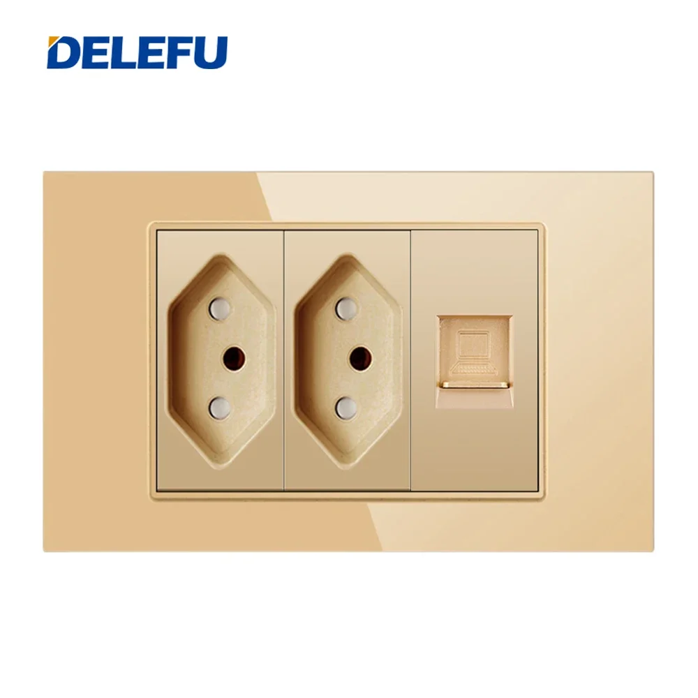 DELEFU 4*2 Gold Tempered Glass Brazil Standard Outlet Dual Usb Type C Wall Socket Light Switch Switzerland 10A 20A