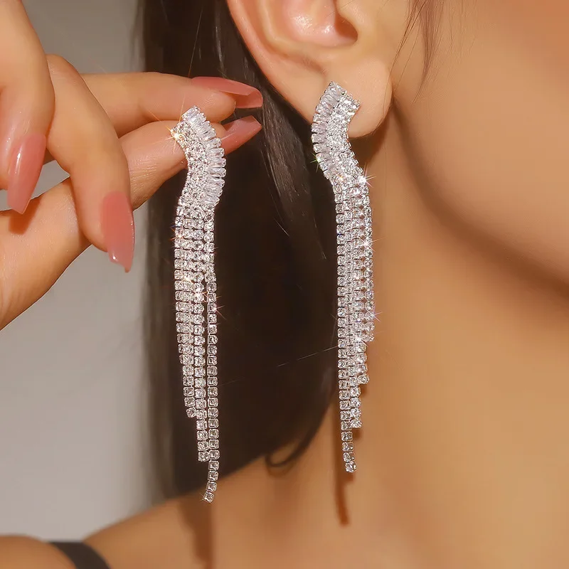 Long Tassel Crystal Drop Earrings for Women Shine Silver Color Rhinestone Dangle Earring