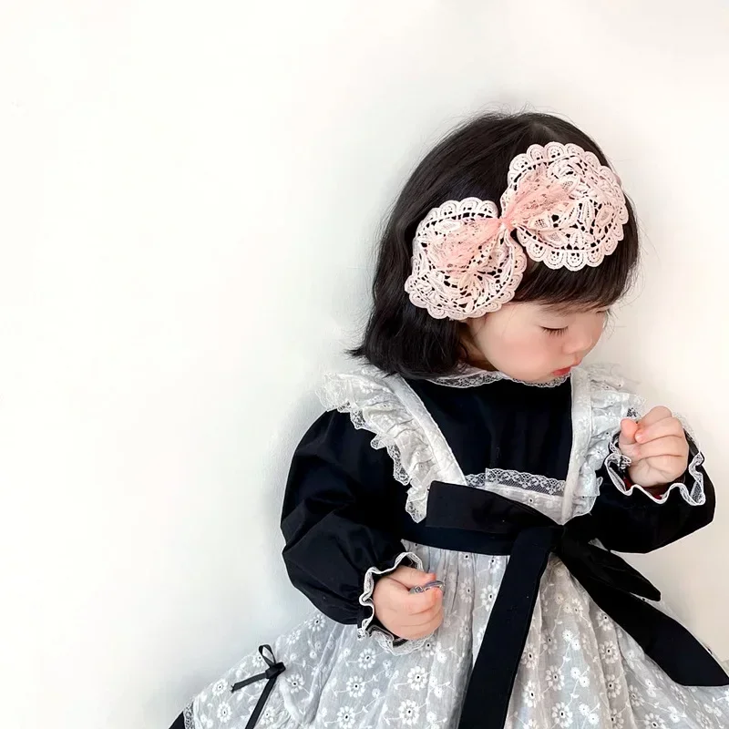 Cute Kawaii Big Bow Solid Color Scrunchie Hair Hoop for Baby Girls French Vintage Lace Tie Bands Lolita Headband Accessories