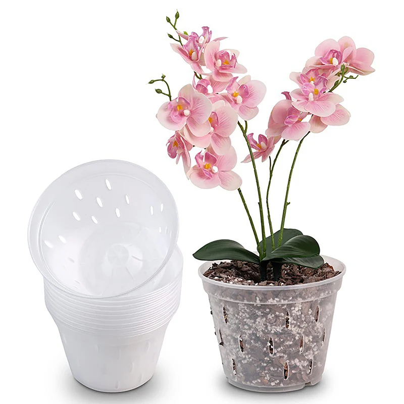 

1Pc Flowerpot With Tray Garden Planter Drainage Pots With Holes Transparent Orchid Baskets Plastic Breathable Flower Pots