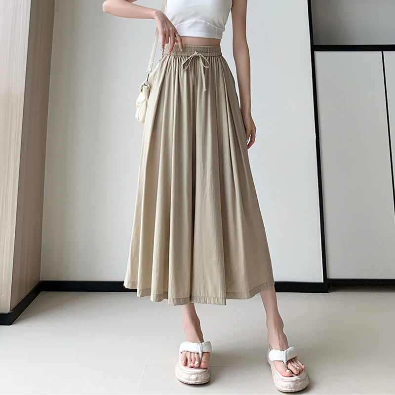 

Casual Solid Color Wide Leg Pants Women Fashion Elastic High Waist Pleated Skirt Pants Ladies Summer Loose Palazzo Trousers