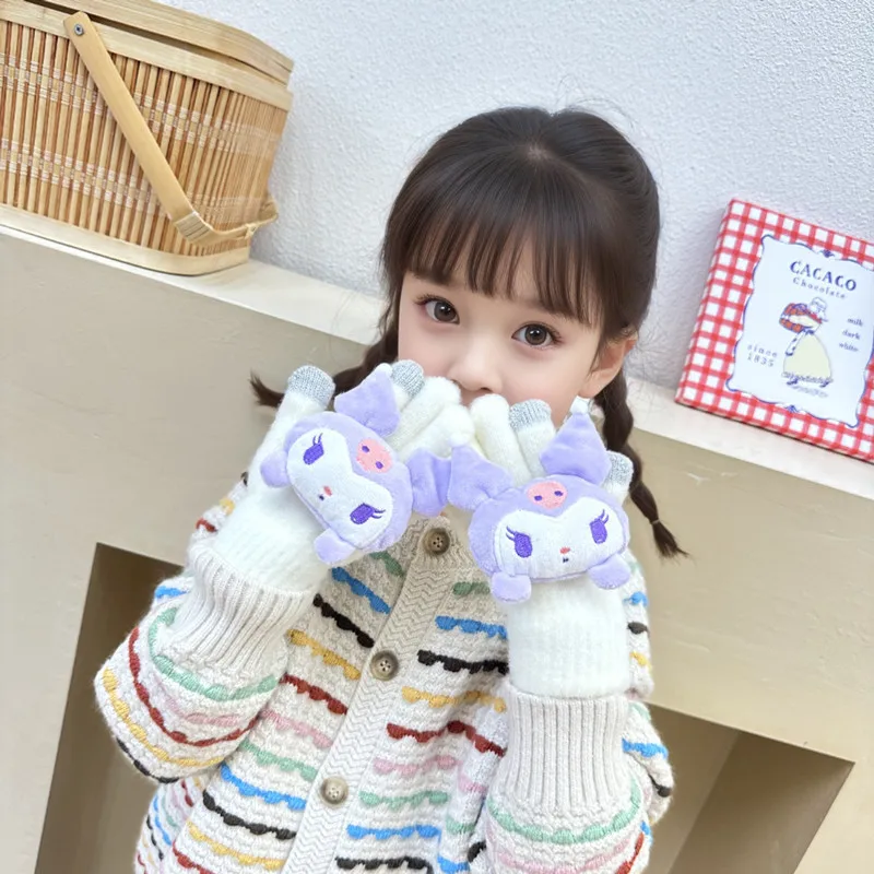 

Детские зимние теплые перчатки Sanrio Kuromi, милые аниме фигурные перчатки My Melody для девочек, вязаные перчатки на палец, подарок родителю и ребенку, Лидер продаж