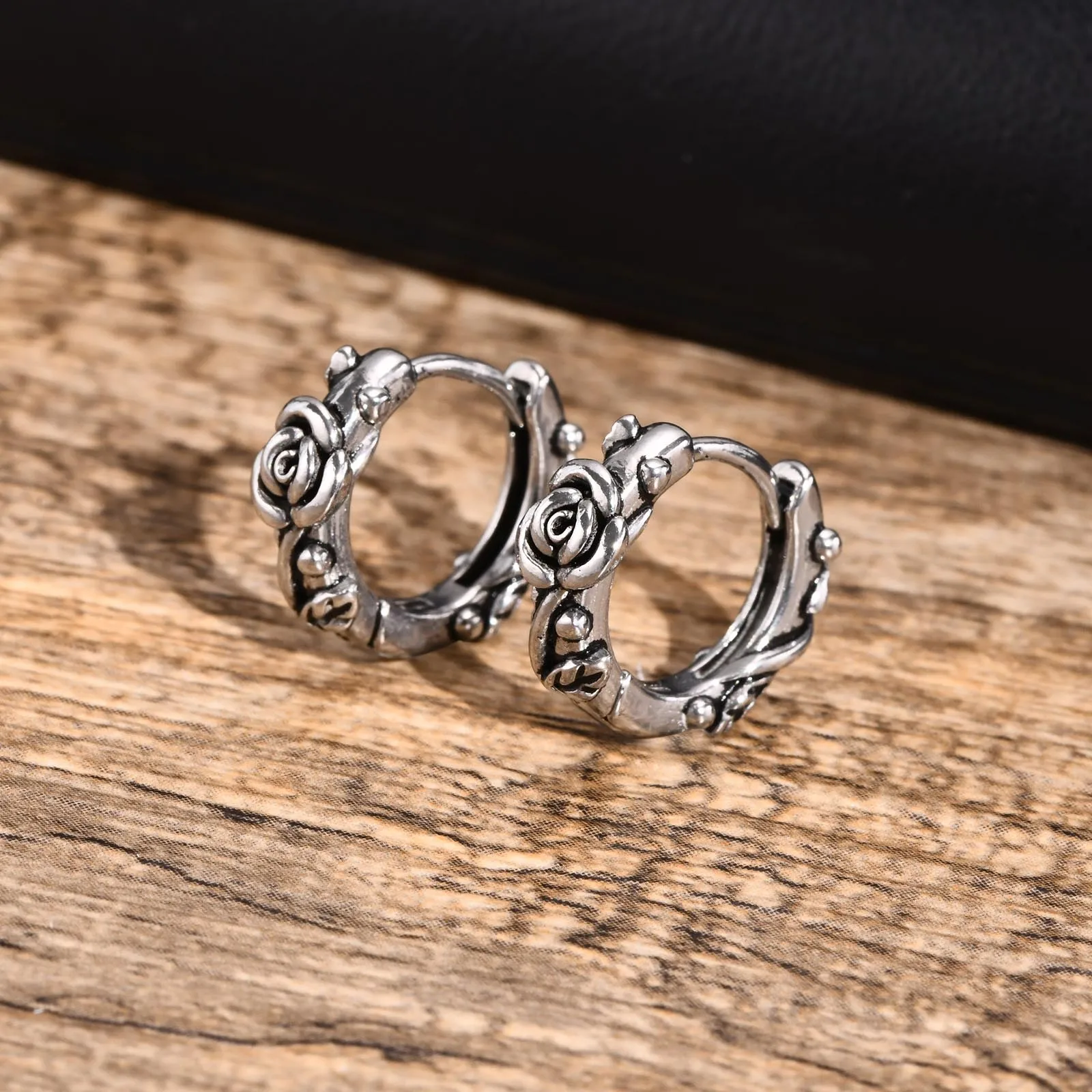 Retro Rose Hoop Earrings for Men, Waterproof Stainless Steel Stylish Flower Huggies Ear Jewelry, Gifts for Him 4