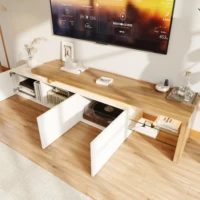 Rosahqnda ТВ-шкаф для гостиной, низкая панель телевизора, доска со светодиодом, 2 стеклянных перегородки, 3 ящика, белый глянцевый — изображение 3