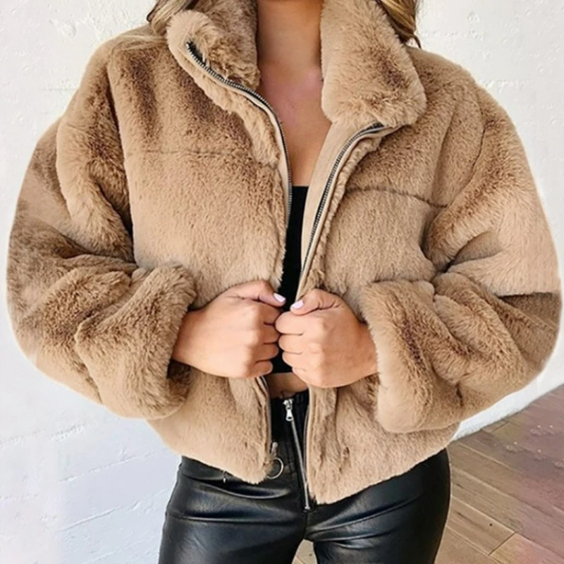 2024 Women's Autumn Winter Faux Fur Short Coats Zipper Cardigan Plush Warm Coat Female Oversized Outerwear Overcoat Thick Jacket
