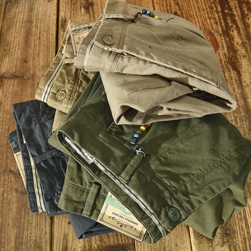 HIQOR Brand 2022 Autumn Winter New Men's Cotton Vintage Solid Color Cargo Pants Fashion Beading Design Streetwear Men Clothing