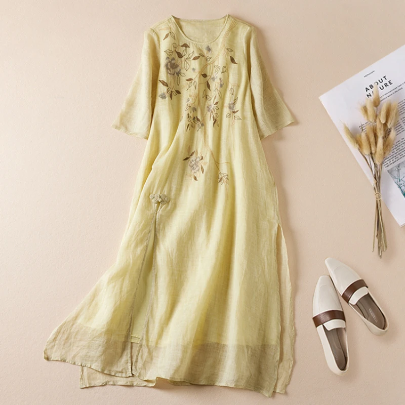 

Embroidery Chinese Style Women's Dresses New Cotton Linen Short Sleeve Summer Women Vintage O-neck Loose Clothing YCMYUNYAN