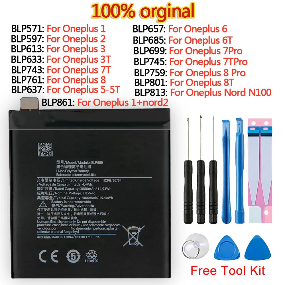 Batteria Per Oppo Oneplus 1 + 1 2 3 1 + 3 One Plus 7 7T 7 Plus 3 3T 5 5T 6 6T 8 8T Pro Nord N100 Nord 2 Batterie